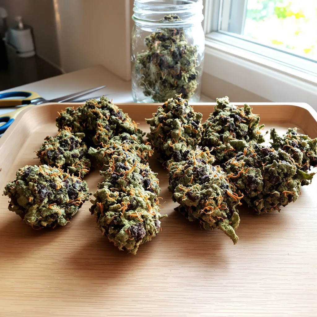 Blue Ox 67% Indica / 33% Sativa — Blüte mit sichtbaren Trichomen