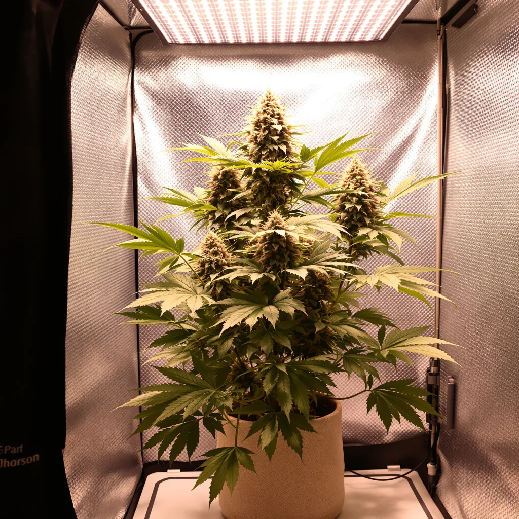 Blue Ox 67% Indica / 33% Sativa — Blüte mit sichtbaren Trichomen