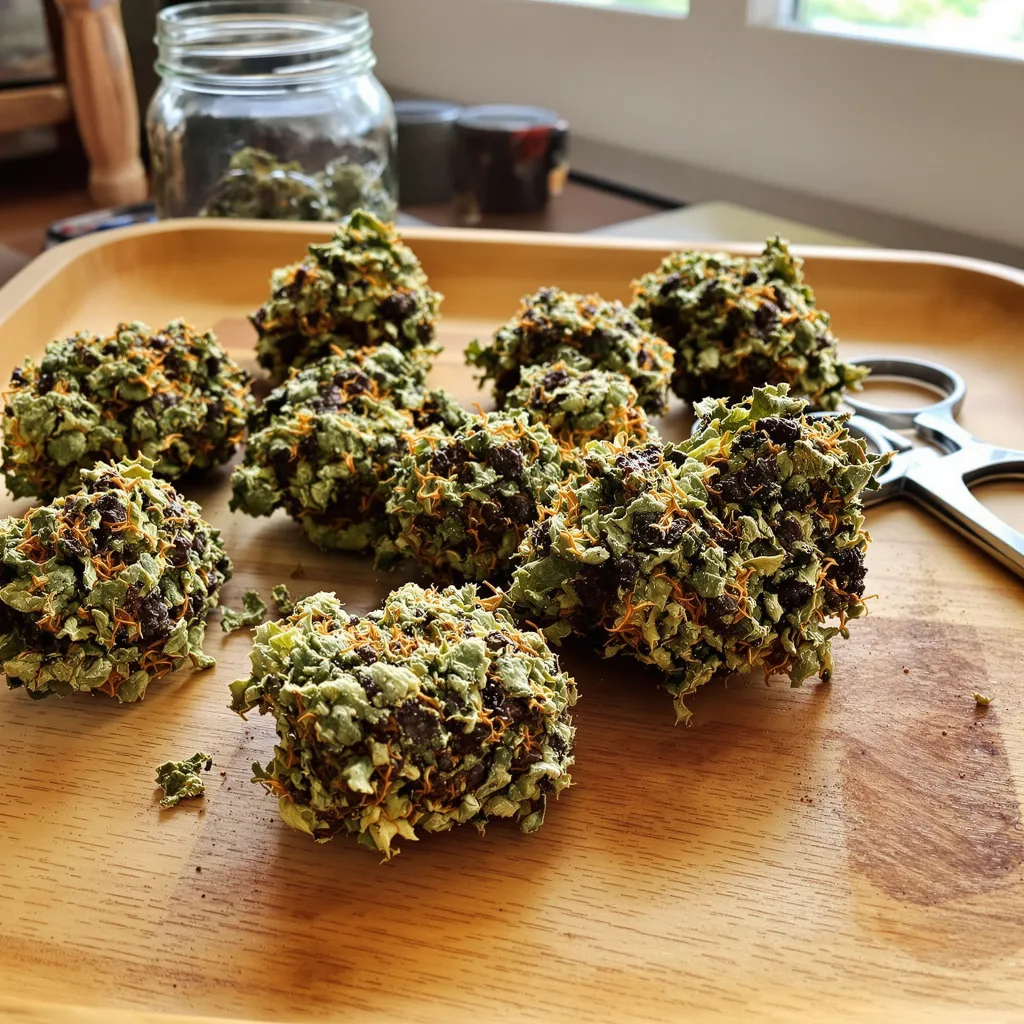 Blue Ox 67% Indica / 33% Sativa — Blüte mit sichtbaren Trichomen