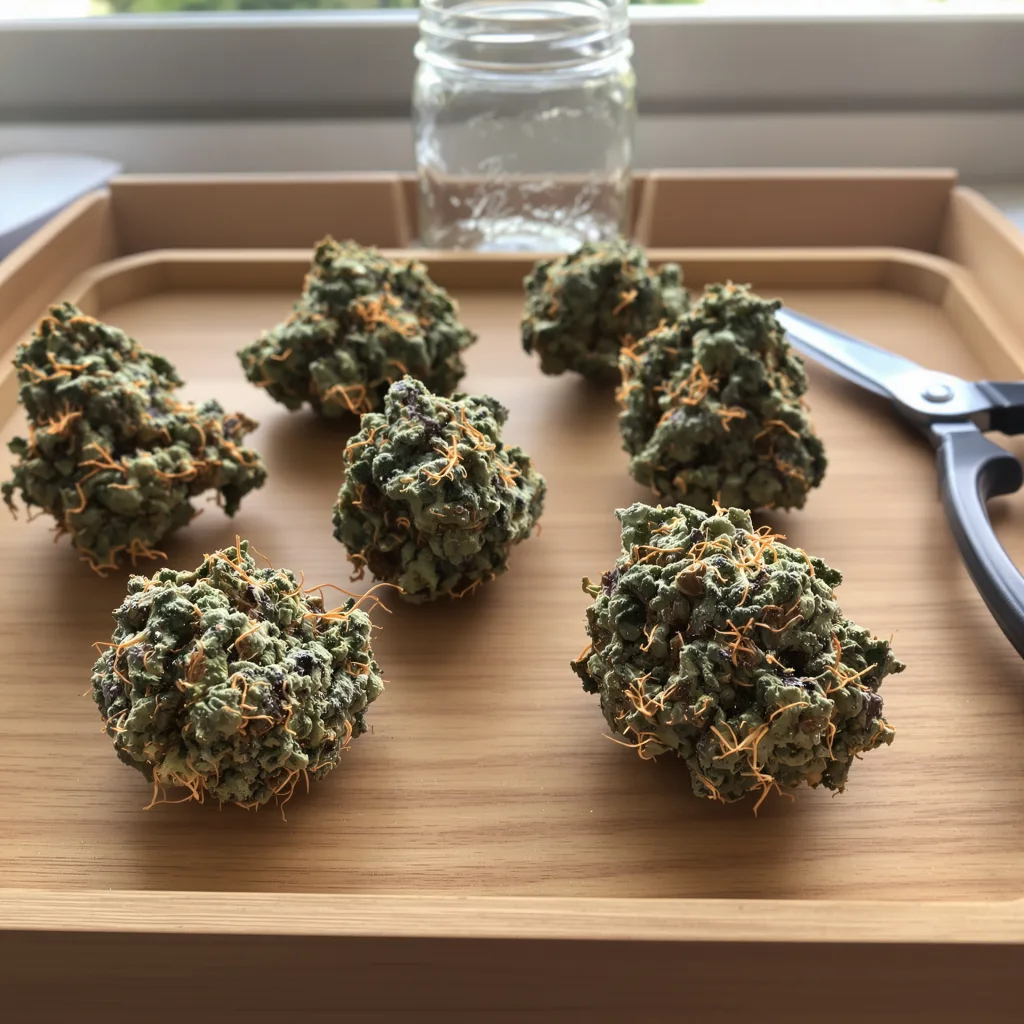 Blue Persuasion 72% Indica / 28% Sativa — Blüte mit sichtbaren Trichomen