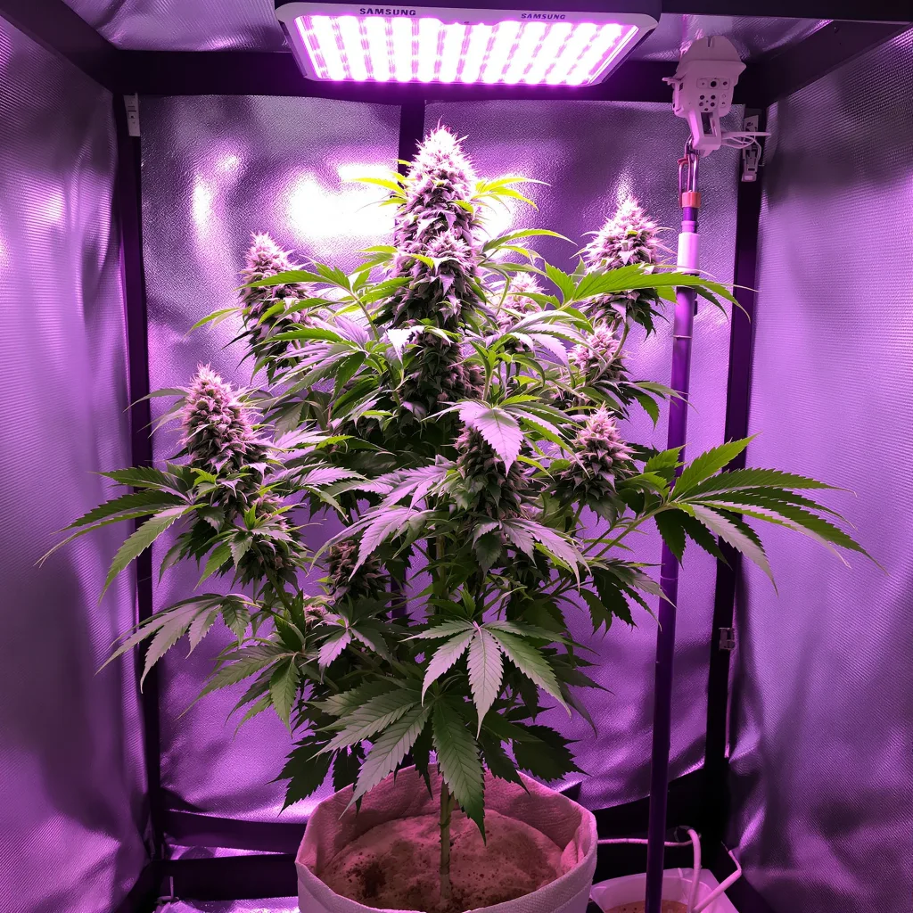 Blue Persuasion 72% Indica / 28% Sativa — Blüte mit sichtbaren Trichomen