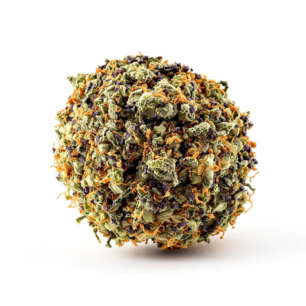 Blue Persuasion 72% Indica / 28% Sativa — Blüte mit sichtbaren Trichomen