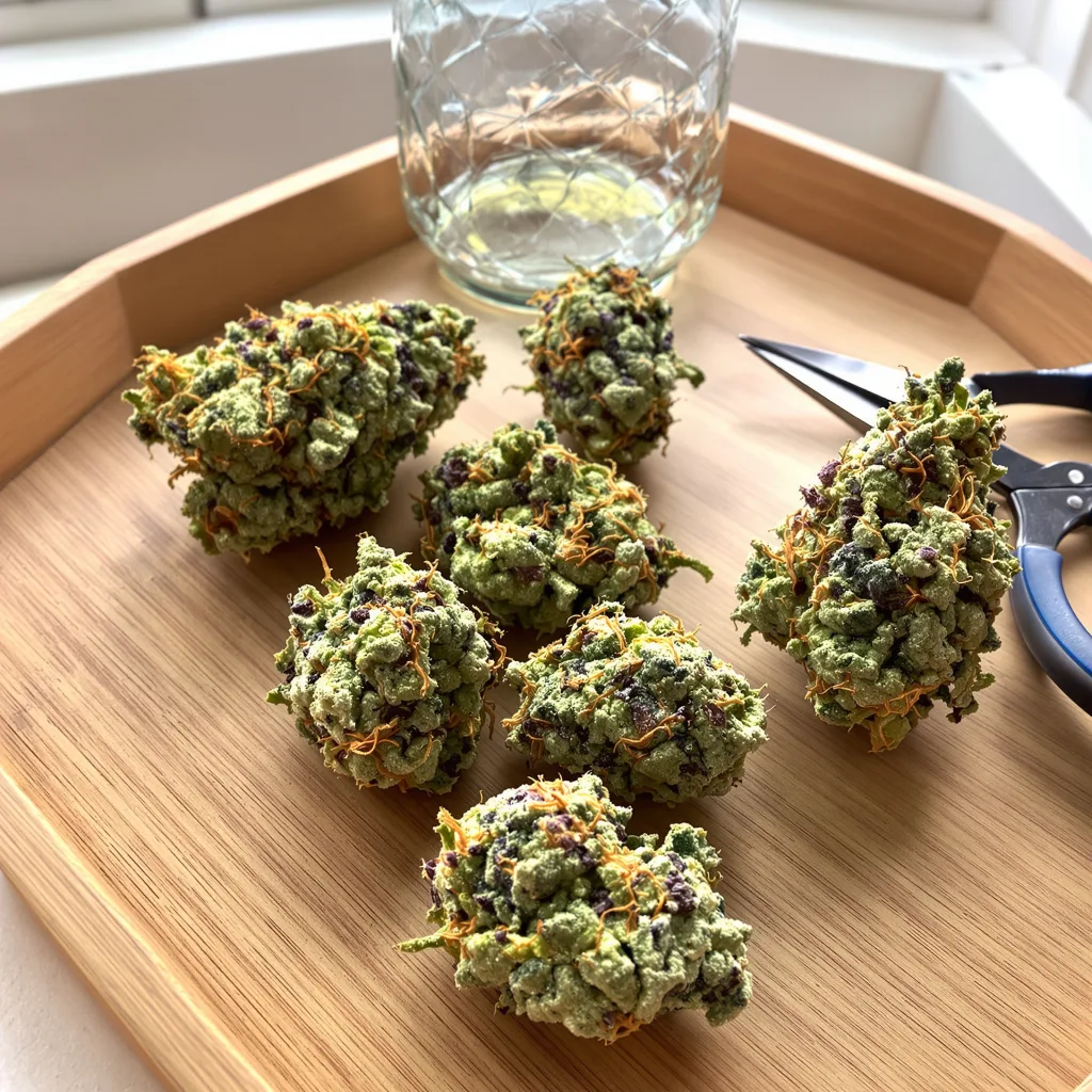 Blue Power 55% Indica / 45% Sativa — Blüte mit sichtbaren Trichomen
