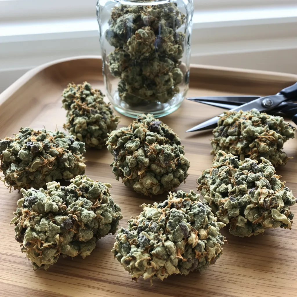 Blueberry Cheesecake 40% Indica / 60% Sativa — Blüte mit sichtbaren Trichomen