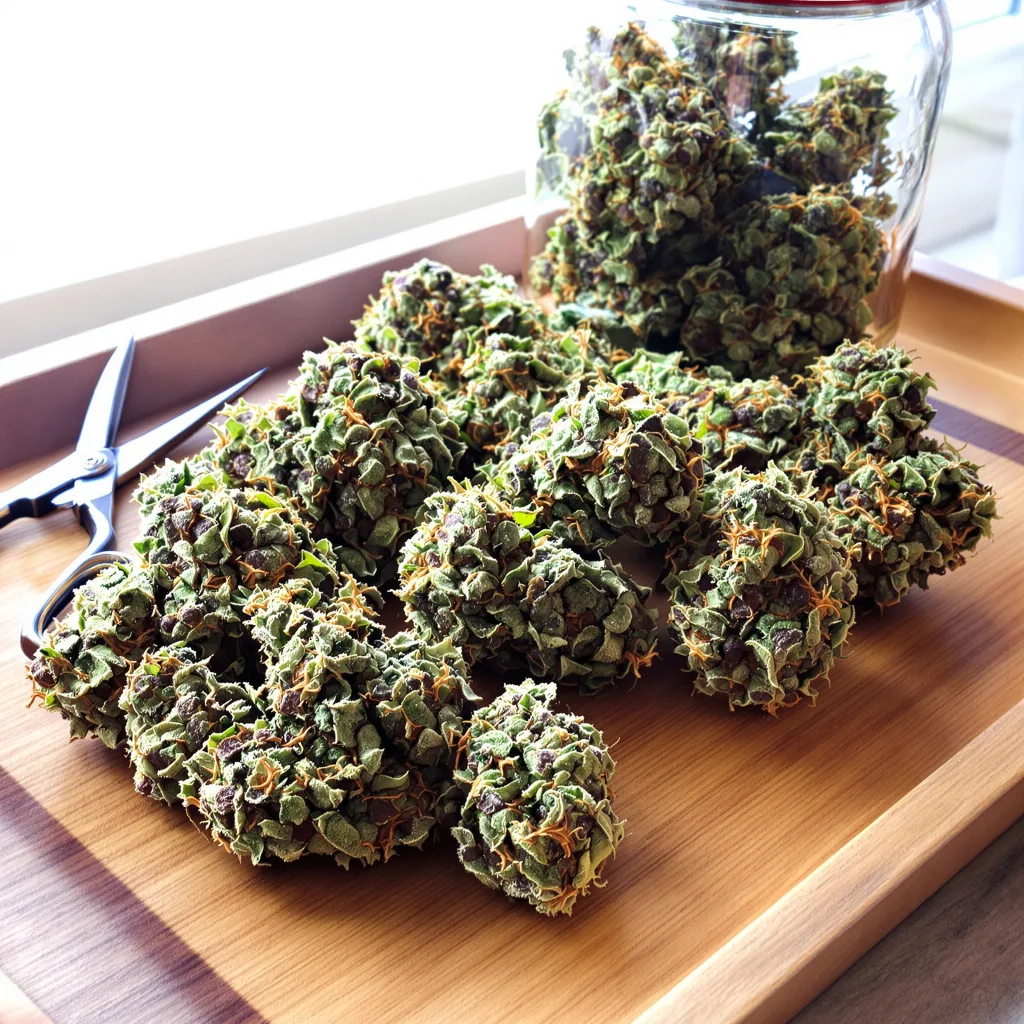 Blueberry Haze 40% Indica / 60% Sativa — Blüte mit sichtbaren Trichomen