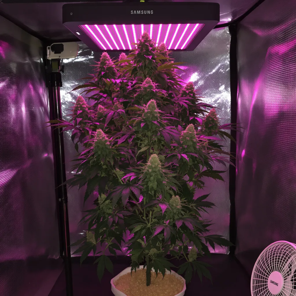 Blueberry Haze 40% Indica / 60% Sativa — Blüte mit sichtbaren Trichomen