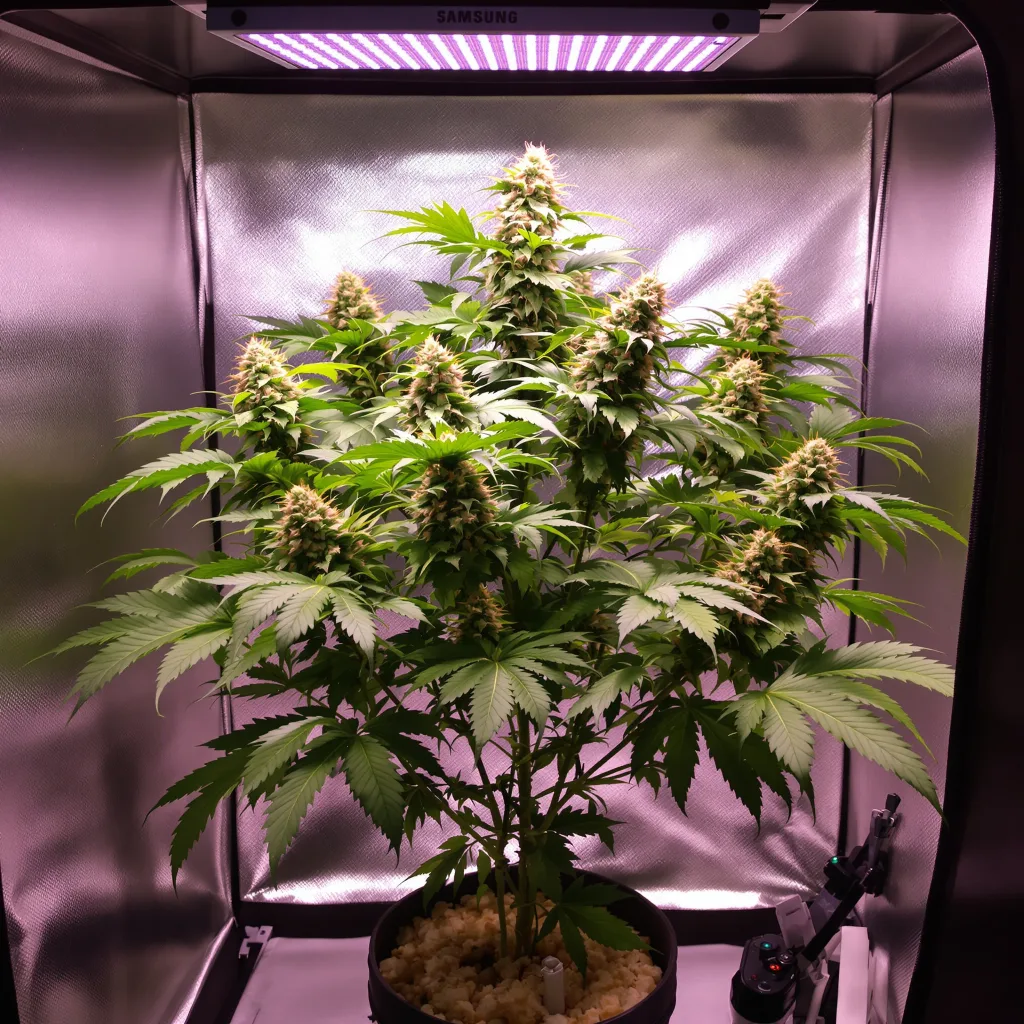 Blueberry Kush 80% Indica / 20% Sativa — Blüte mit sichtbaren Trichomen