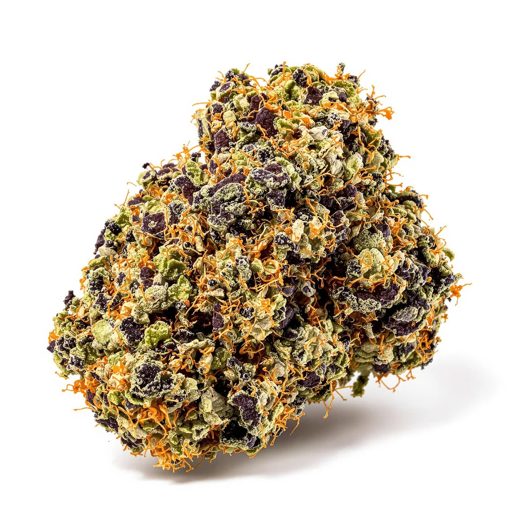 Blueberry Kush 80% Indica / 20% Sativa — Blüte mit sichtbaren Trichomen