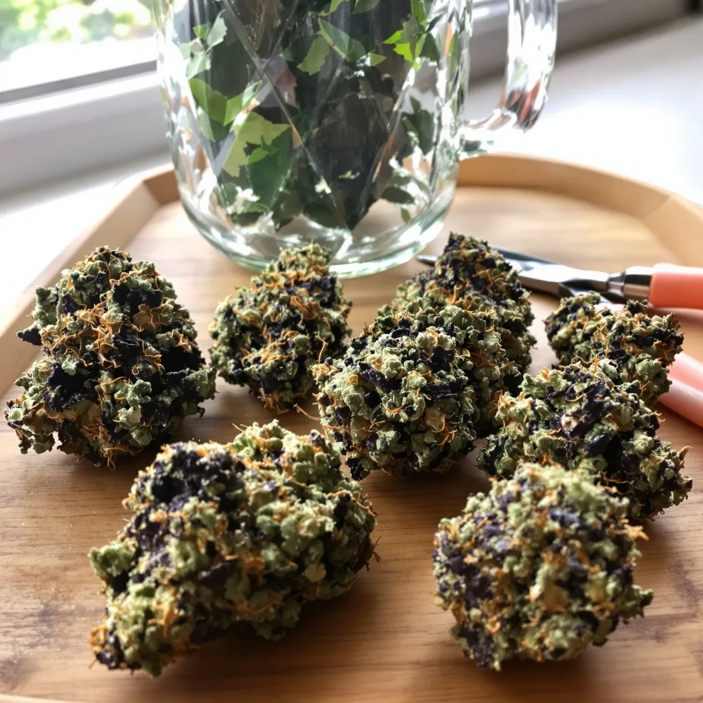 Blueberry Waltz 81% Indica / 19% Sativa — Blüte mit sichtbaren Trichomen