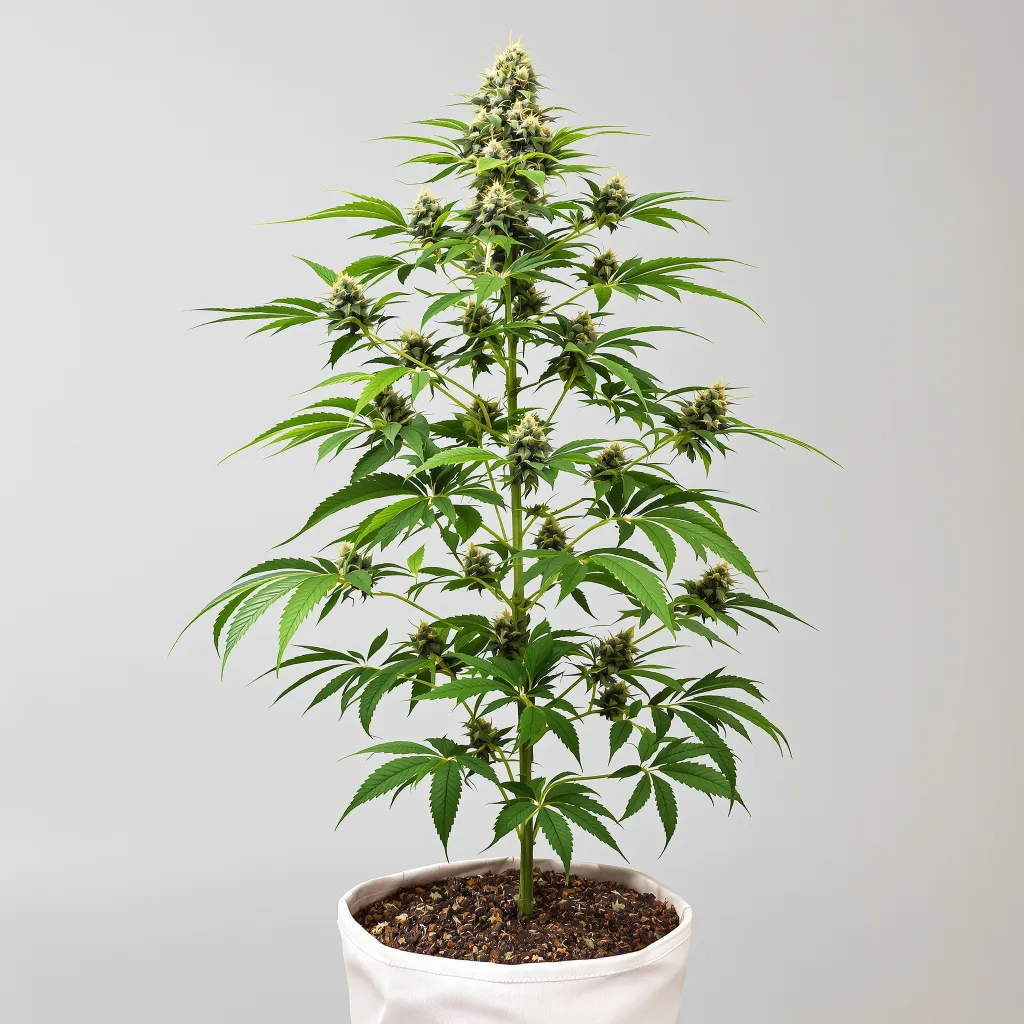 Bluniverse Cannabisblüte Nahaufnahme mit ausgewogene Blütenstruktur mit eisigen Trichomen