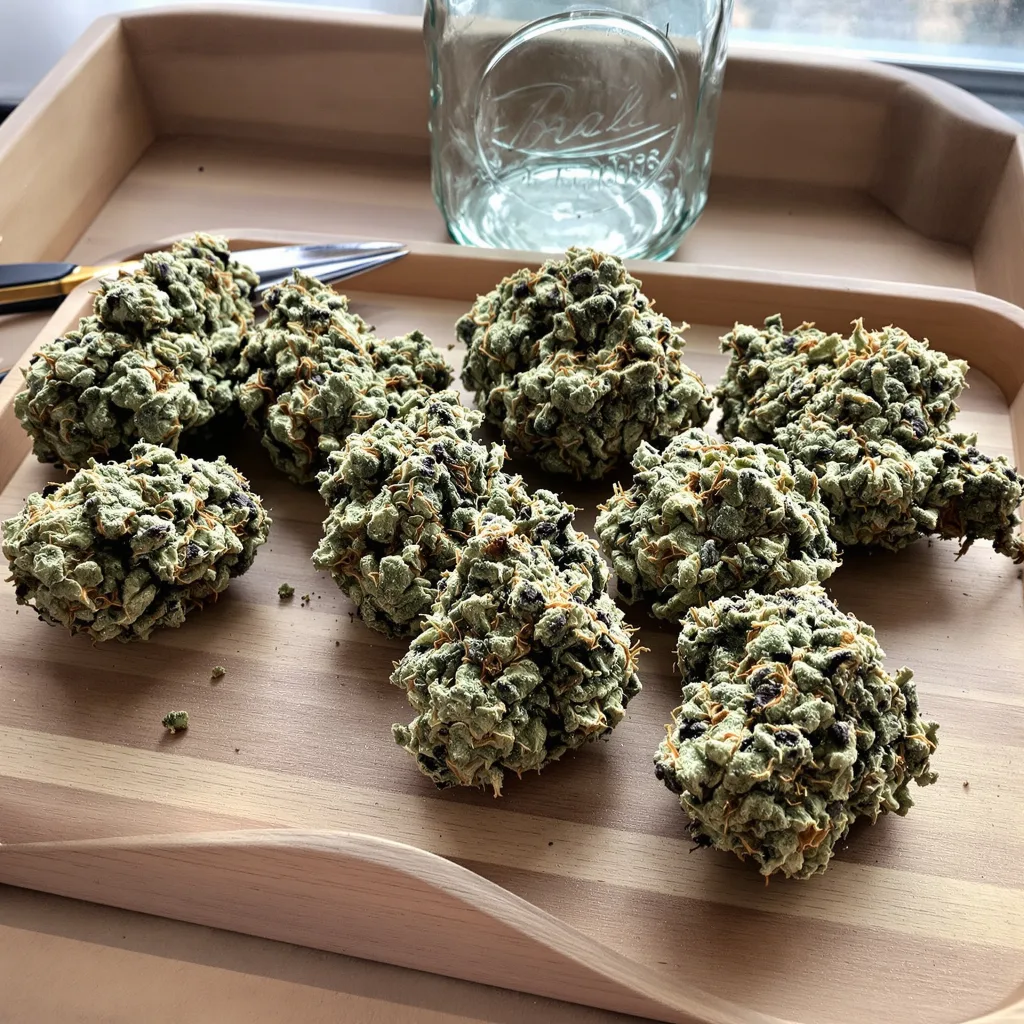 Bluniverse 43% Indica / 57% Sativa — Blüte mit sichtbaren Trichomen