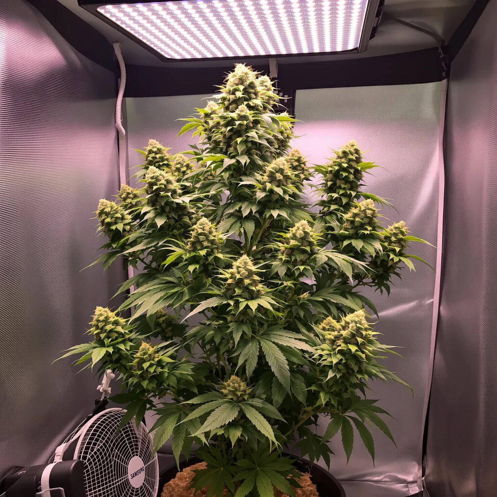 Bluniverse 43% Indica / 57% Sativa — Blüte mit sichtbaren Trichomen