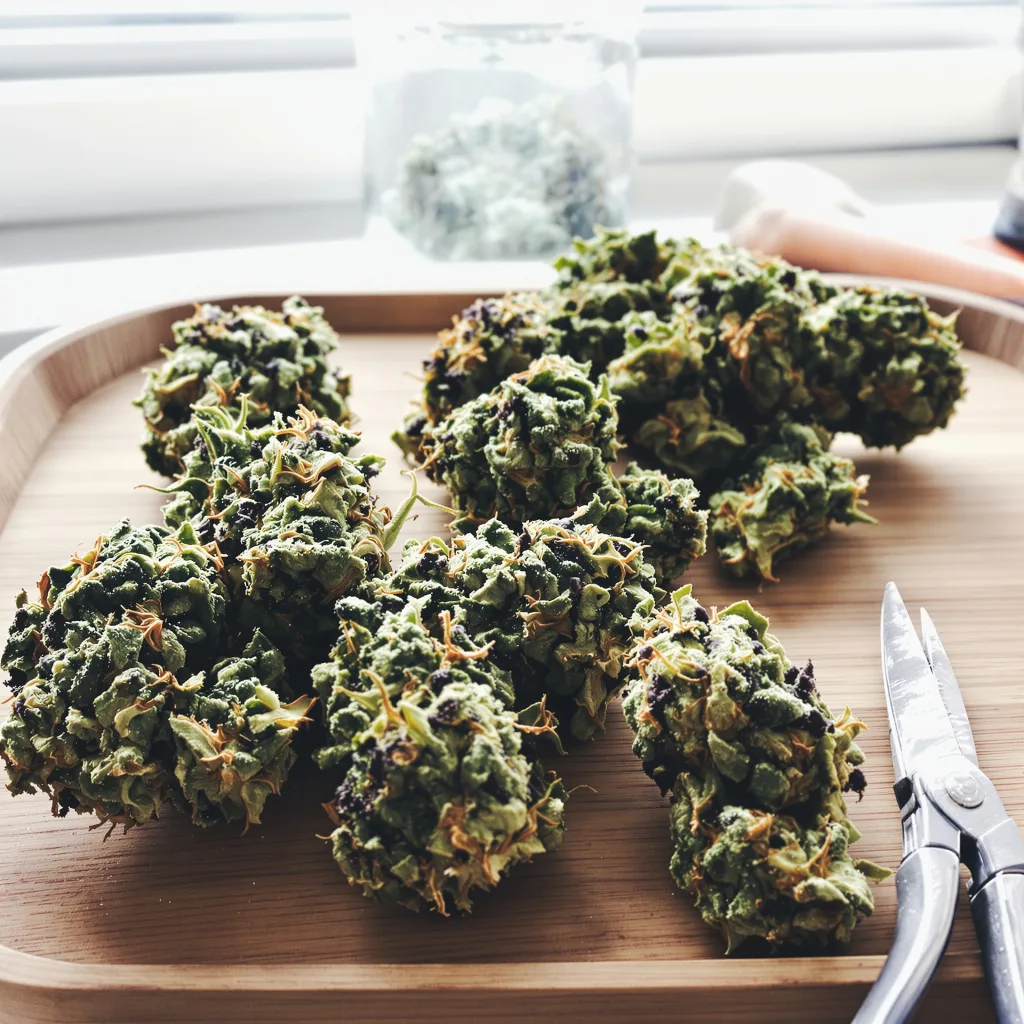 Bogart 41% Indica / 59% Sativa — Blüte mit sichtbaren Trichomen