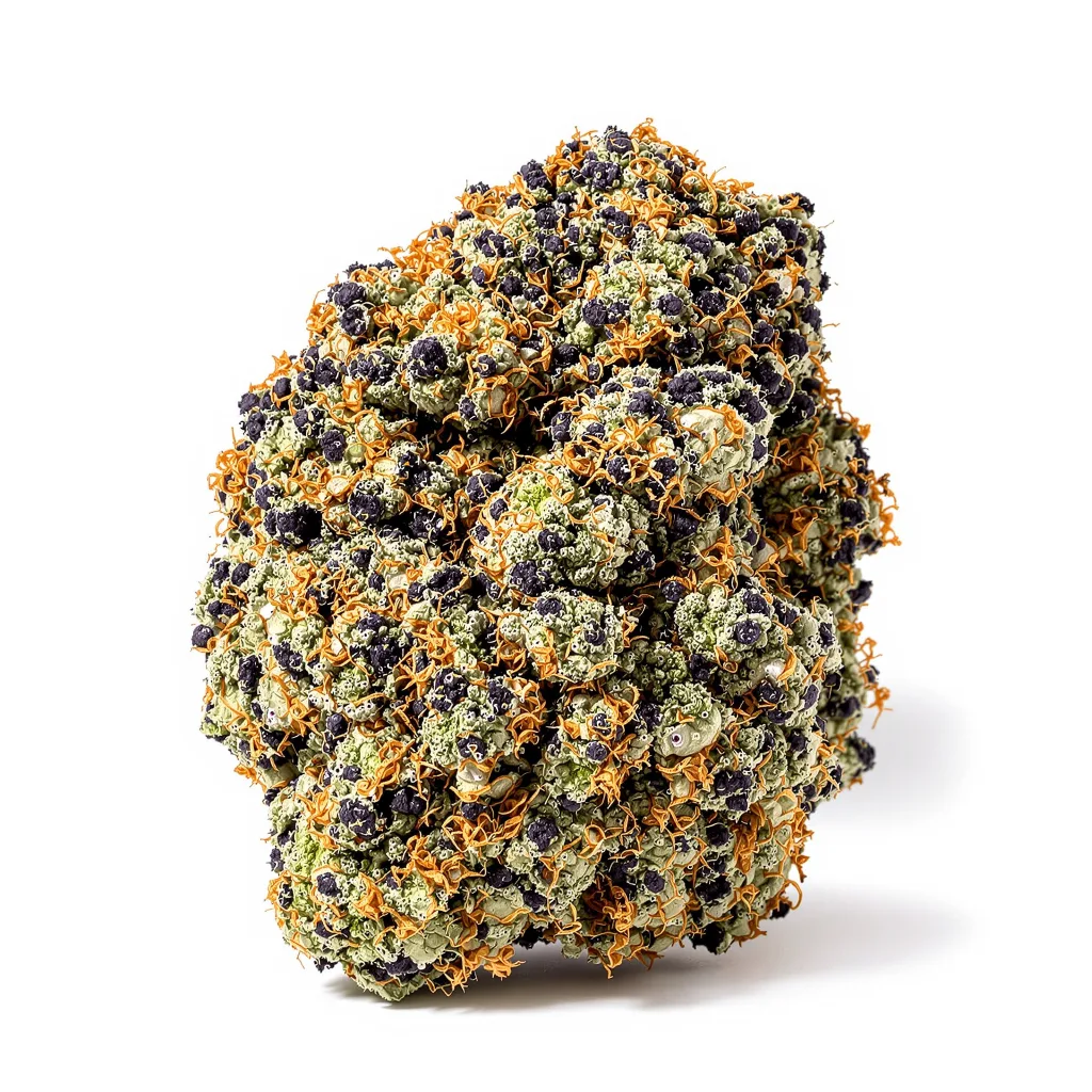 Brains Damage 66% Indica / 34% Sativa — Blüte mit sichtbaren Trichomen
