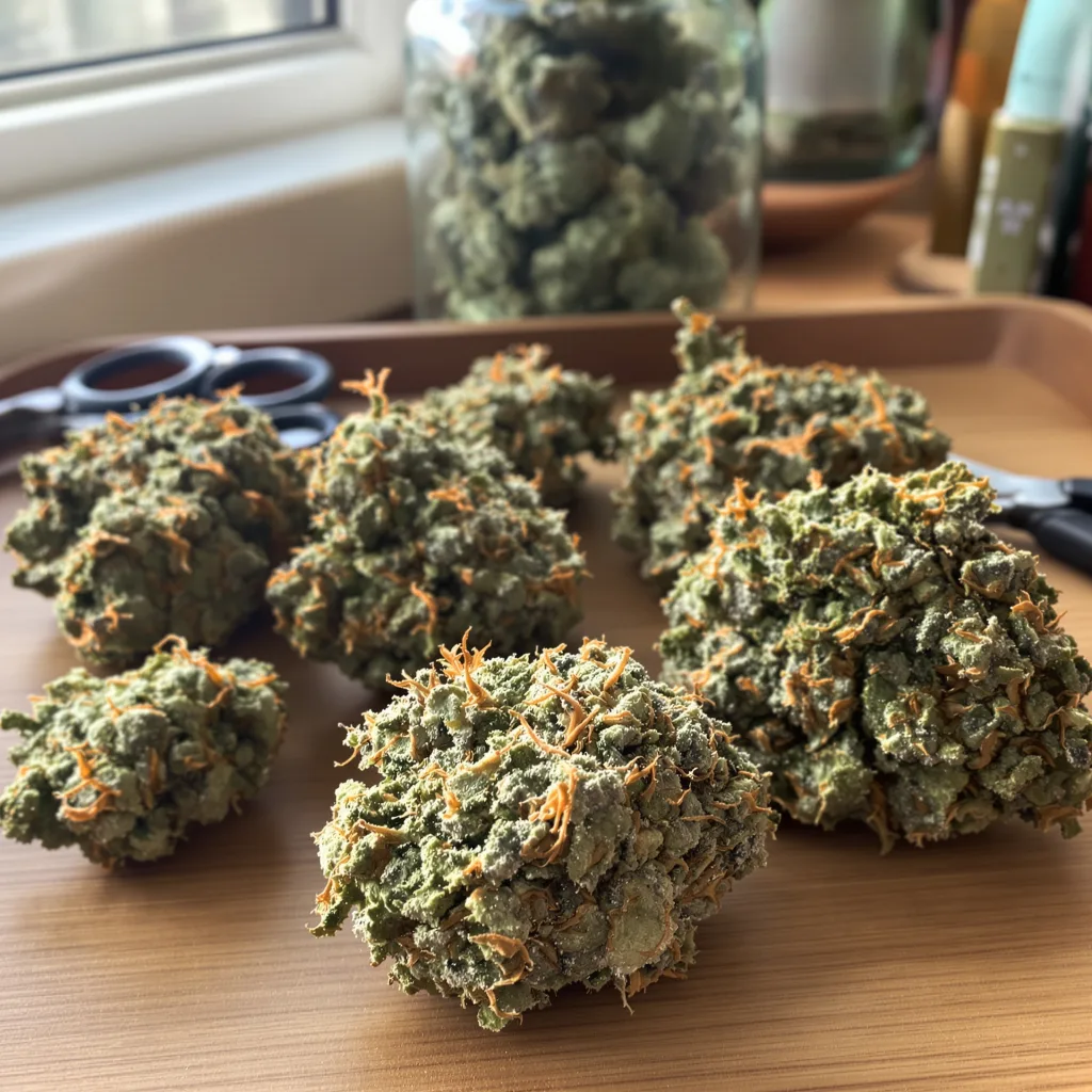 Brainwreck 40% Indica / 60% Sativa — Blüte mit sichtbaren Trichomen
