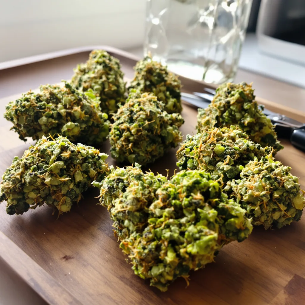 Bruce Almighty 10% Indica / 90% Sativa — Blüte mit sichtbaren Trichomen