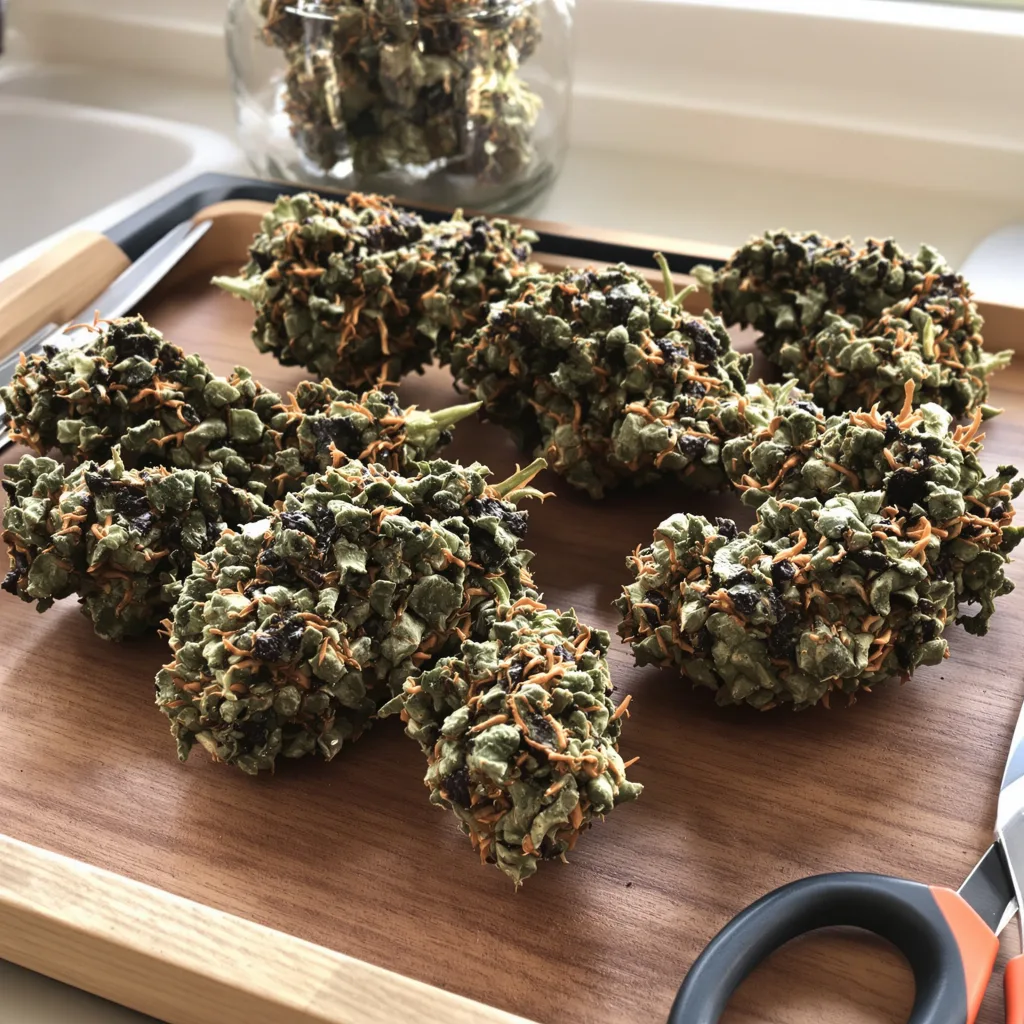 Bubba Gift 82% Indica / 18% Sativa — Blüte mit sichtbaren Trichomen