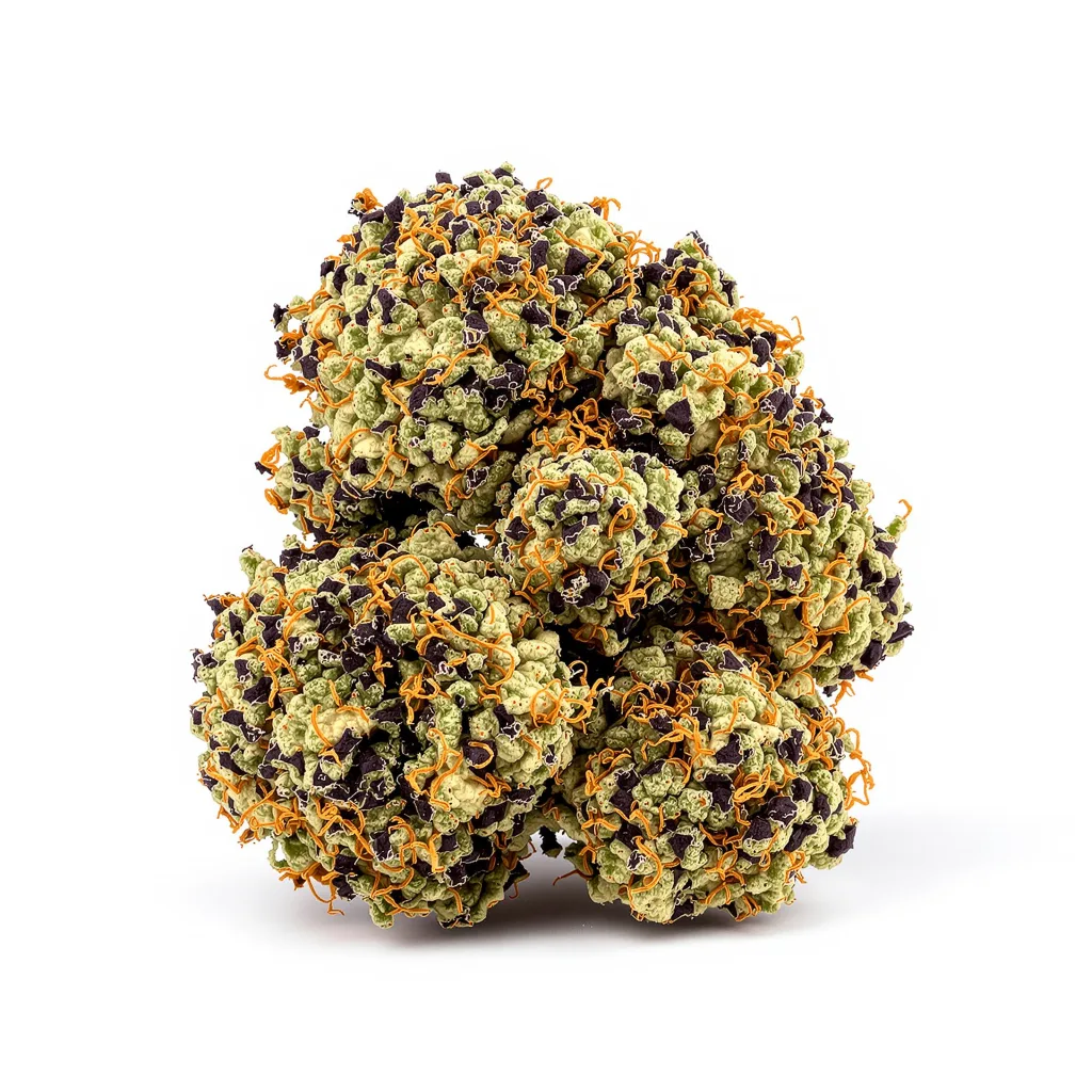 Bubba Kush 80% Indica / 20% Sativa — Blüte mit sichtbaren Trichomen