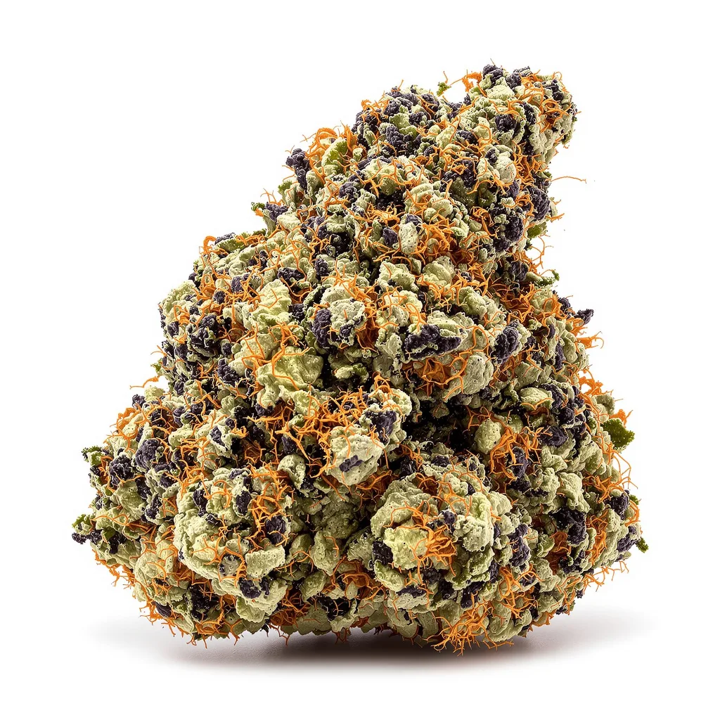 Bubba OG 80% Indica / 20% Sativa — Blüte mit sichtbaren Trichomen