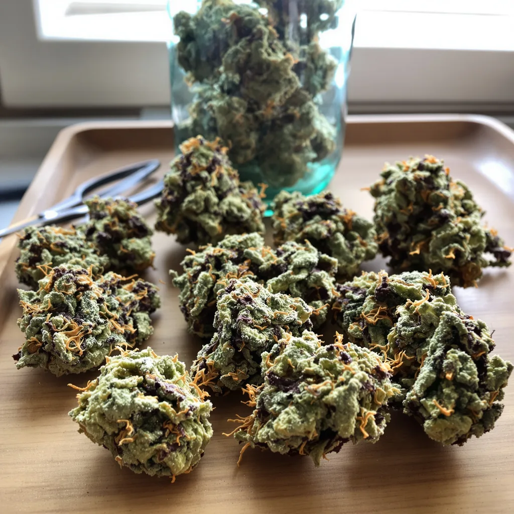 Bubbleberry 50% Indica / 40% Sativa — Blüte mit sichtbaren Trichomen