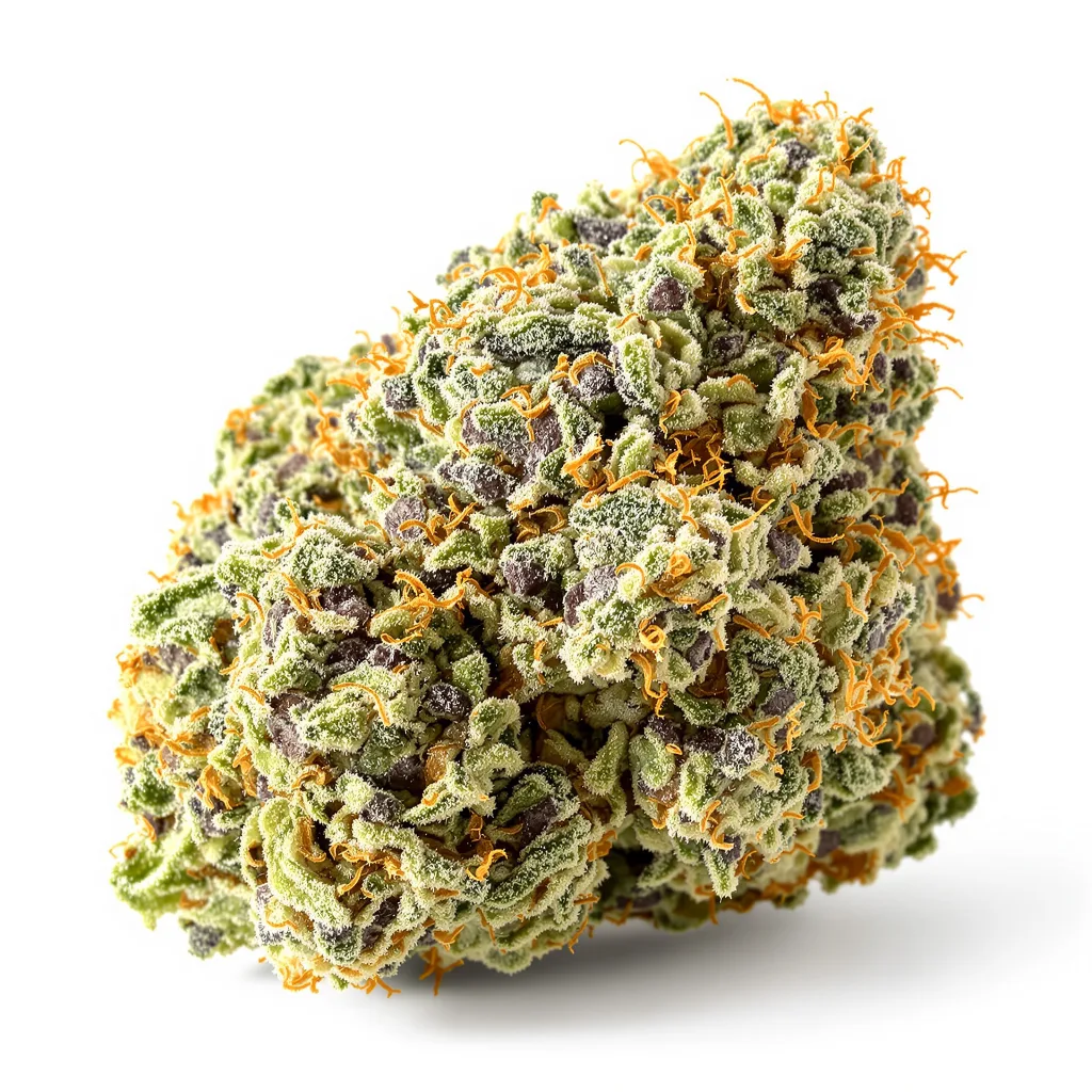 Bubbleberry 50% Indica / 40% Sativa — Blüte mit sichtbaren Trichomen