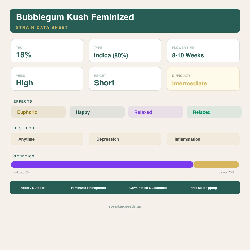 Bubblegum Kush 80% Indica / 20% Sativa — Blüte mit sichtbaren Trichomen