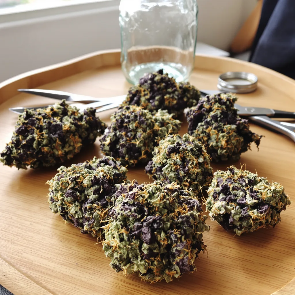 Buckeye Purple 76% Indica / 24% Sativa — Blüte mit sichtbaren Trichomen