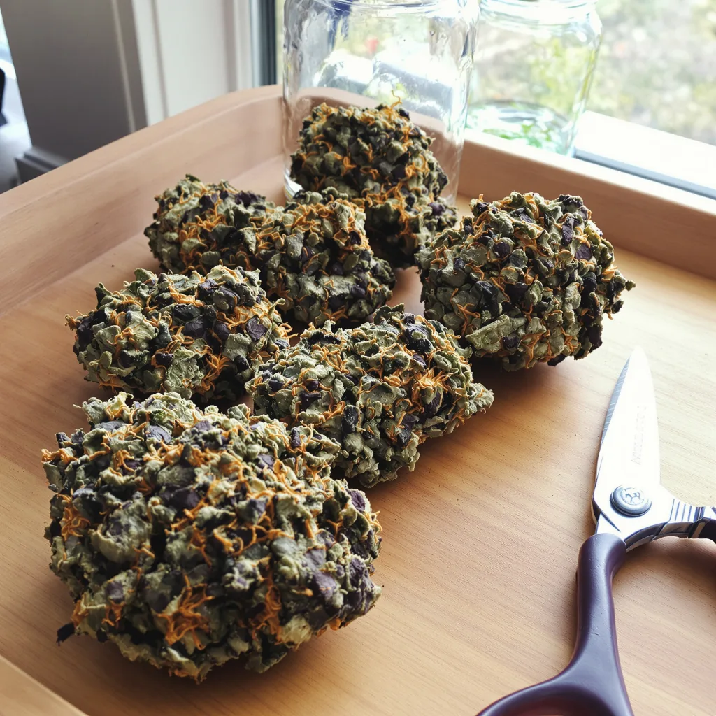 Buddha Tahoe 100% Indica / 50% Sativa — Blüte mit sichtbaren Trichomen