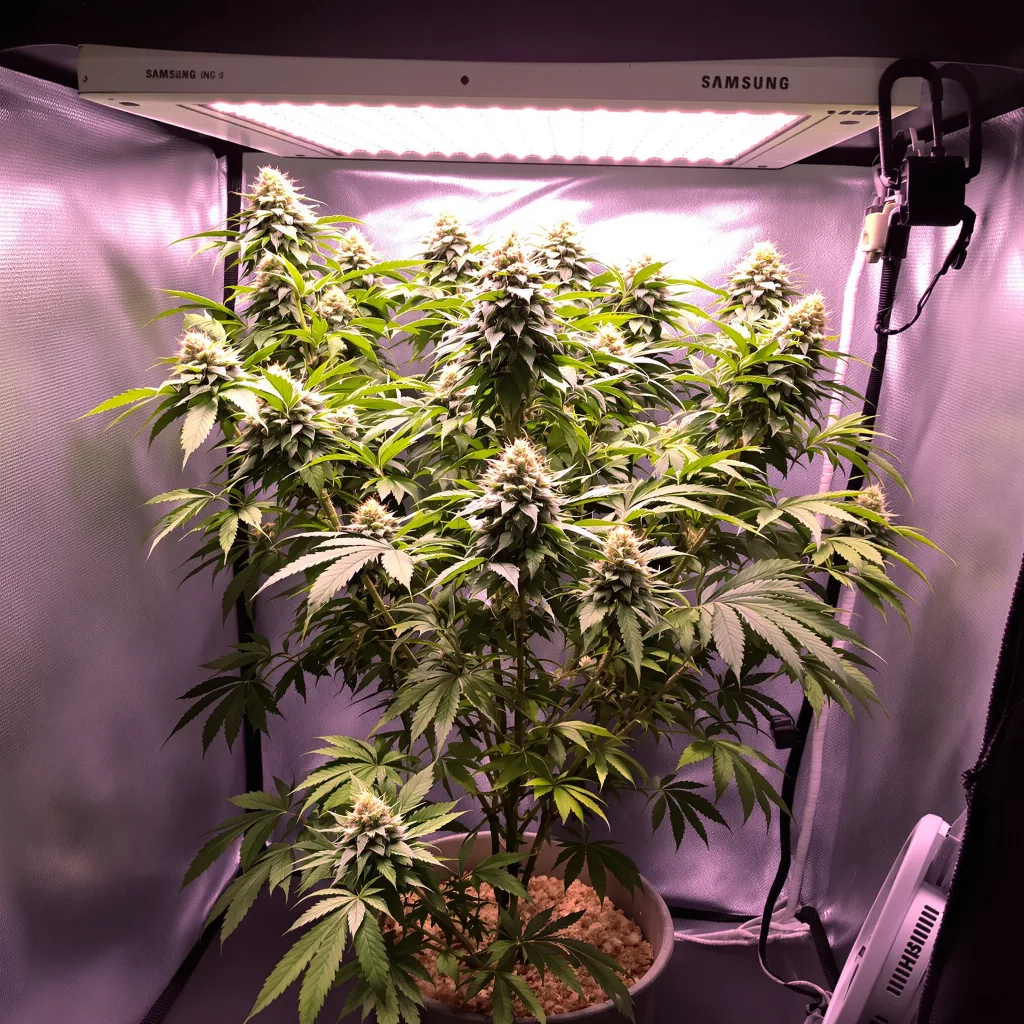 Buddha Tahoe 100% Indica / 50% Sativa — Blüte mit sichtbaren Trichomen