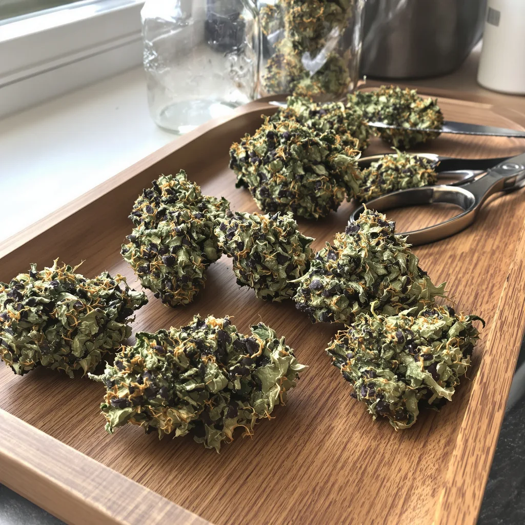 Burkle 78% Indica / 22% Sativa — Blüte mit sichtbaren Trichomen