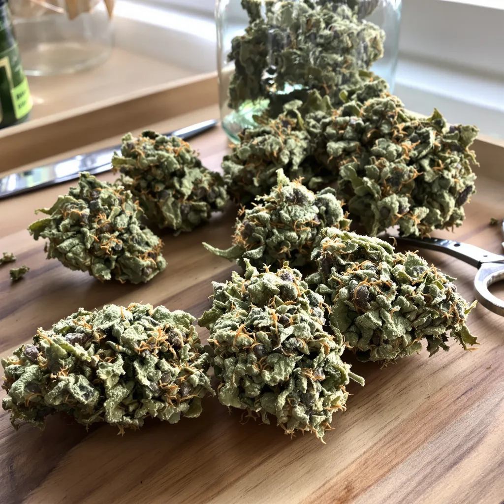 Burmese Kush 50% Indica / 50% Sativa — Blüte mit sichtbaren Trichomen