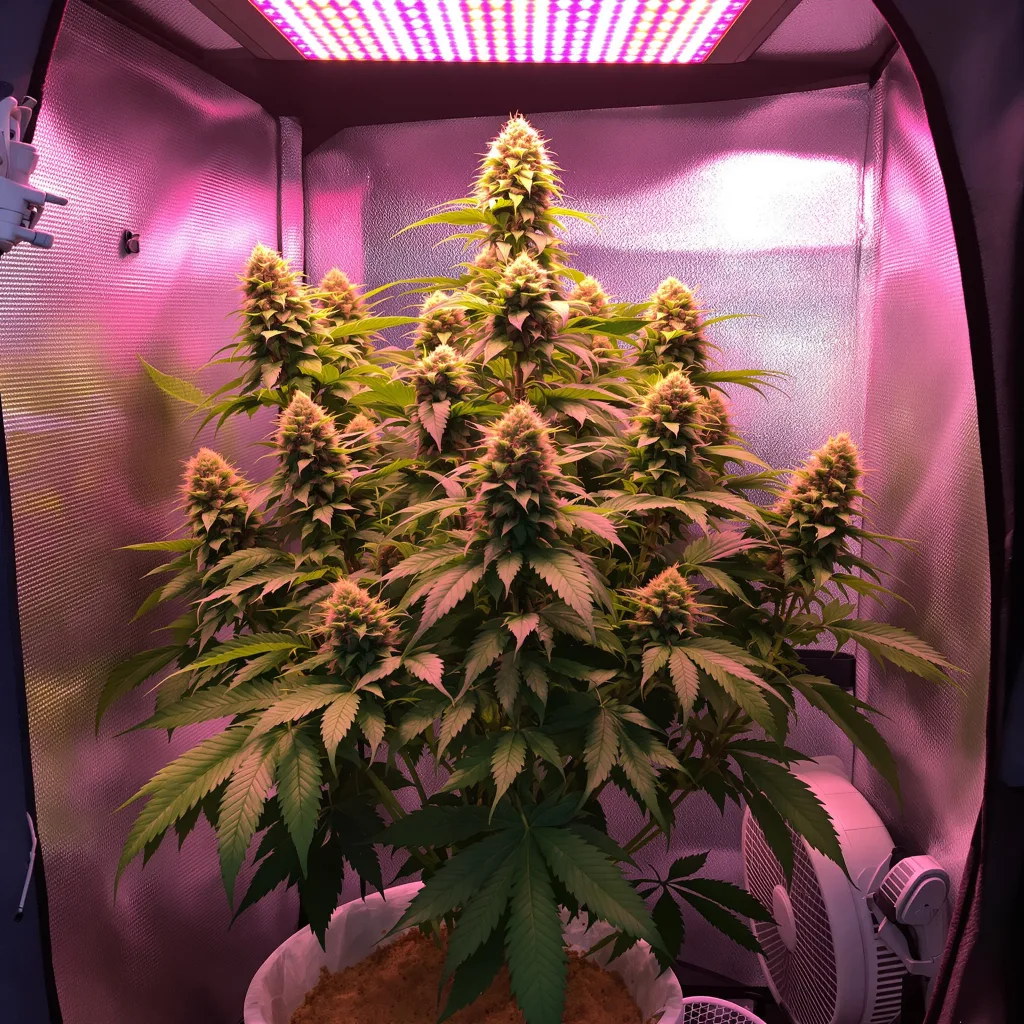 Burmese Kush 50% Indica / 50% Sativa — Blüte mit sichtbaren Trichomen