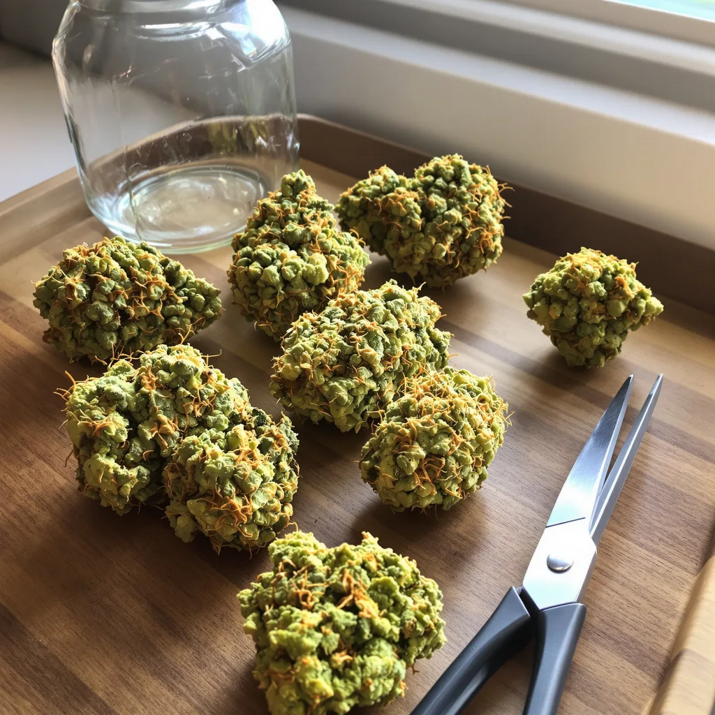 Butterscotch 14% Indica / 86% Sativa — Blüte mit sichtbaren Trichomen