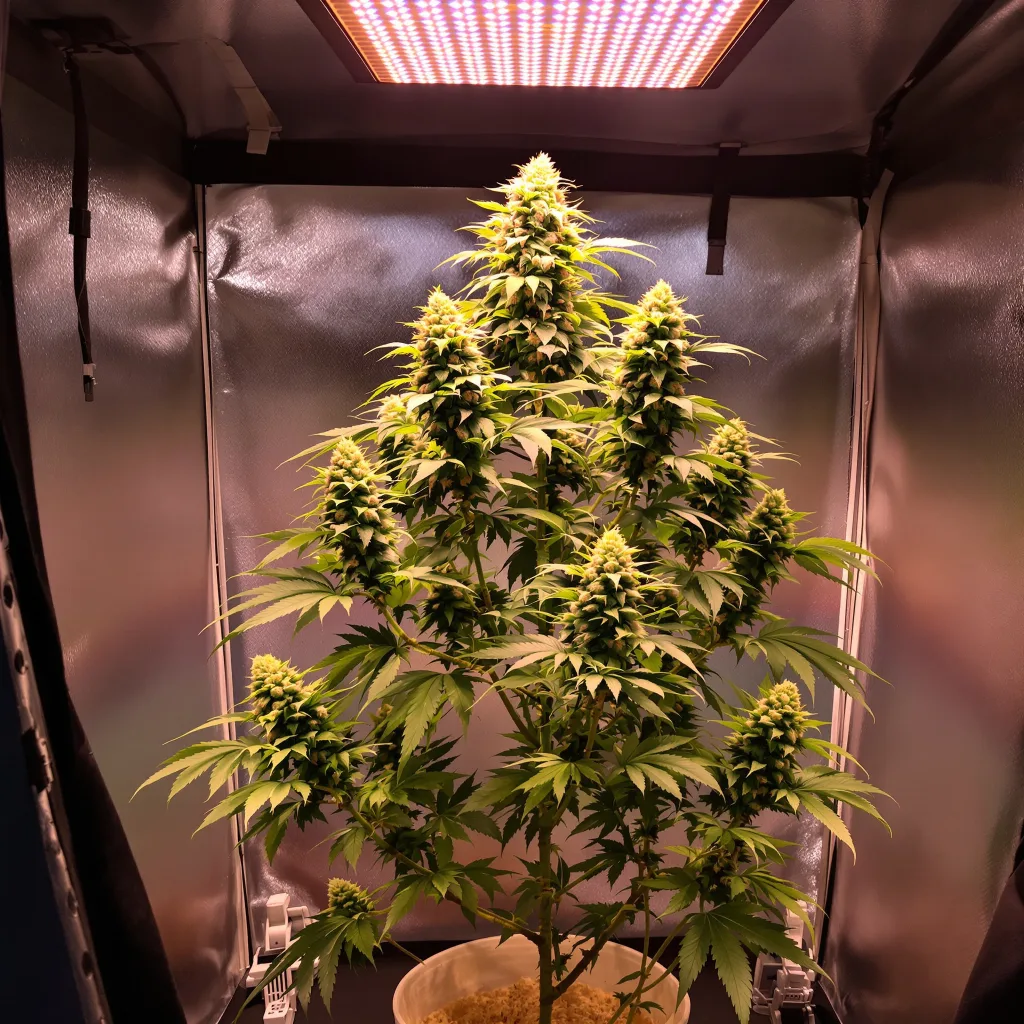 C4 50% Indica / 50% Sativa — Blüte mit sichtbaren Trichomen
