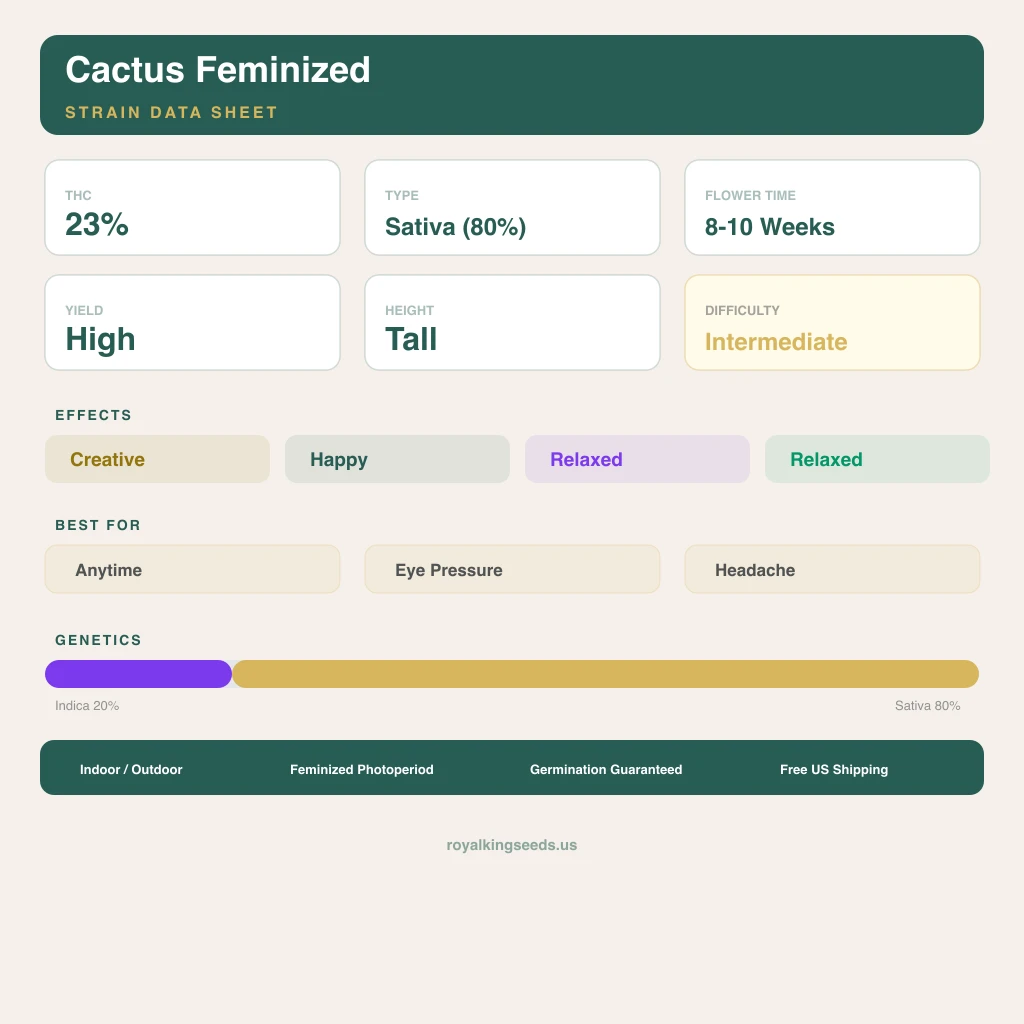Cactus 20% Indica / 80% Sativa — Blüte mit sichtbaren Trichomen
