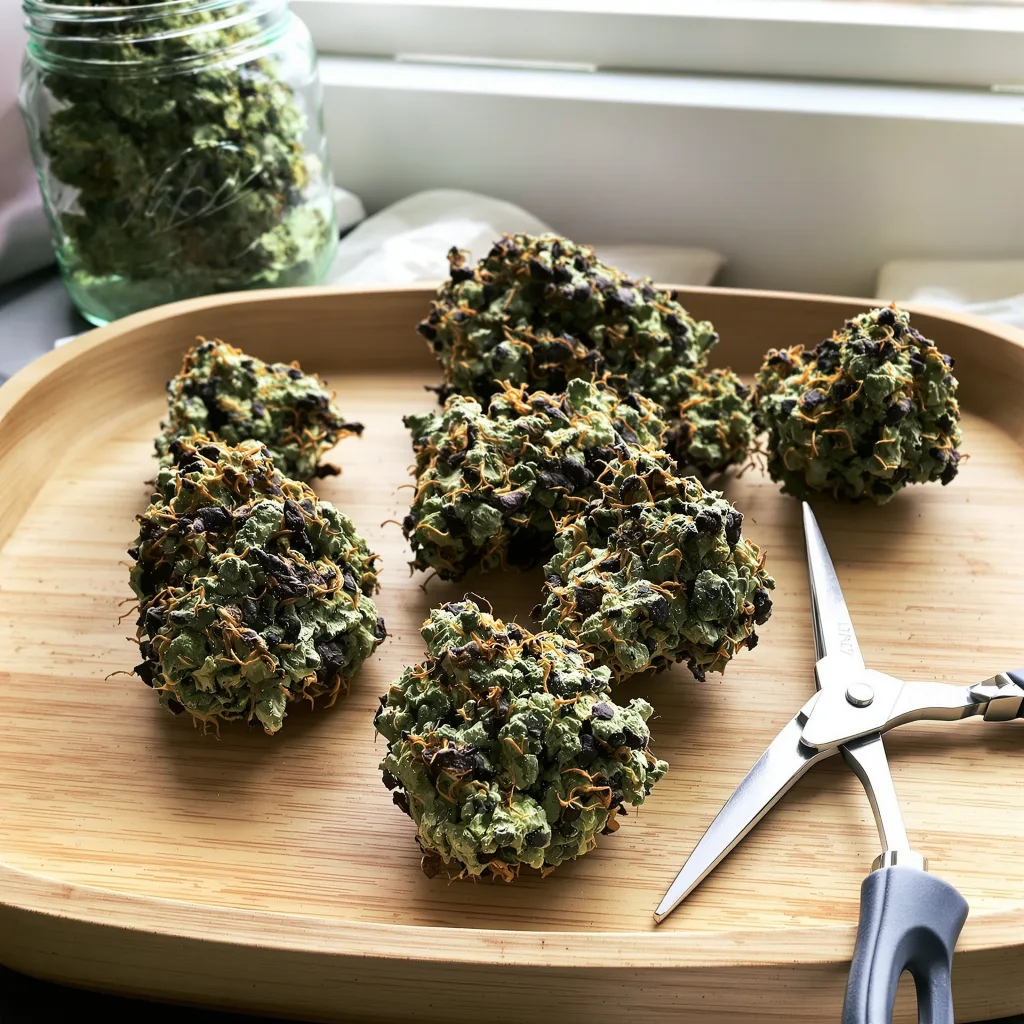 Cali Kush 90% Indica / 10% Sativa — Blüte mit sichtbaren Trichomen