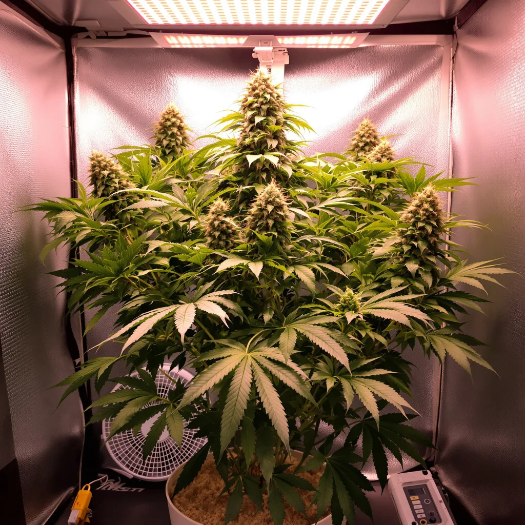 Cali Kush 90% Indica / 10% Sativa — Blüte mit sichtbaren Trichomen