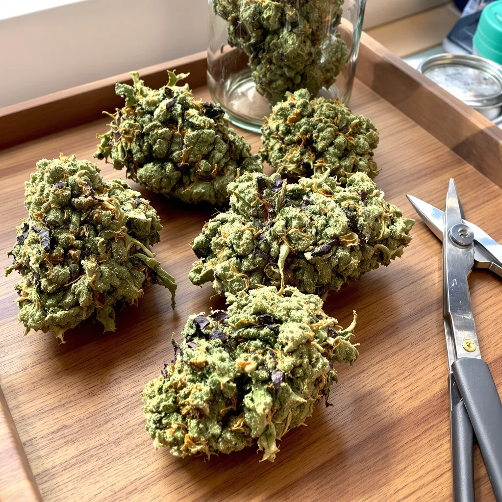 California Grapefruit 39% Indica / 61% Sativa — Blüte mit sichtbaren Trichomen