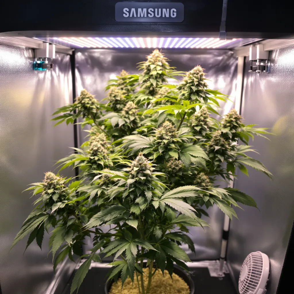 California Grapefruit 39% Indica / 61% Sativa — Blüte mit sichtbaren Trichomen
