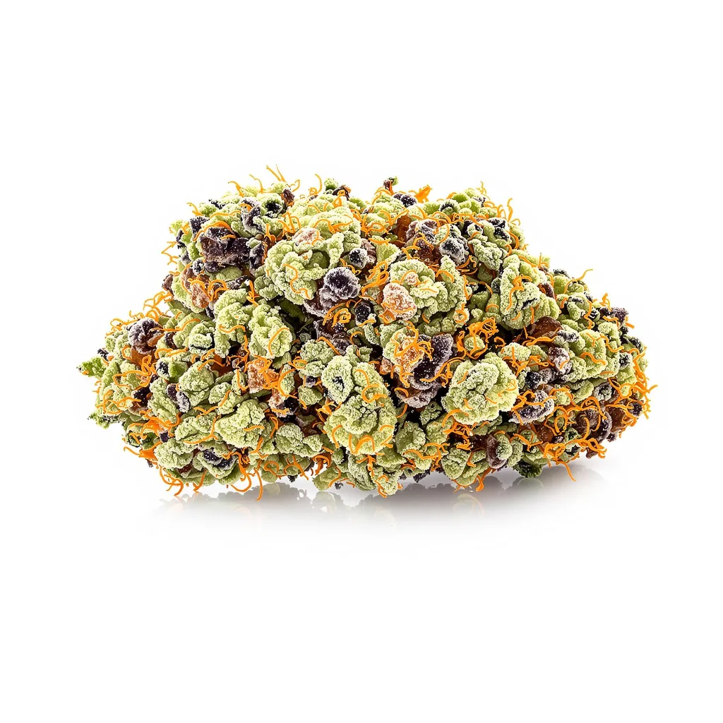 California Grapefruit 39% Indica / 61% Sativa — Blüte mit sichtbaren Trichomen