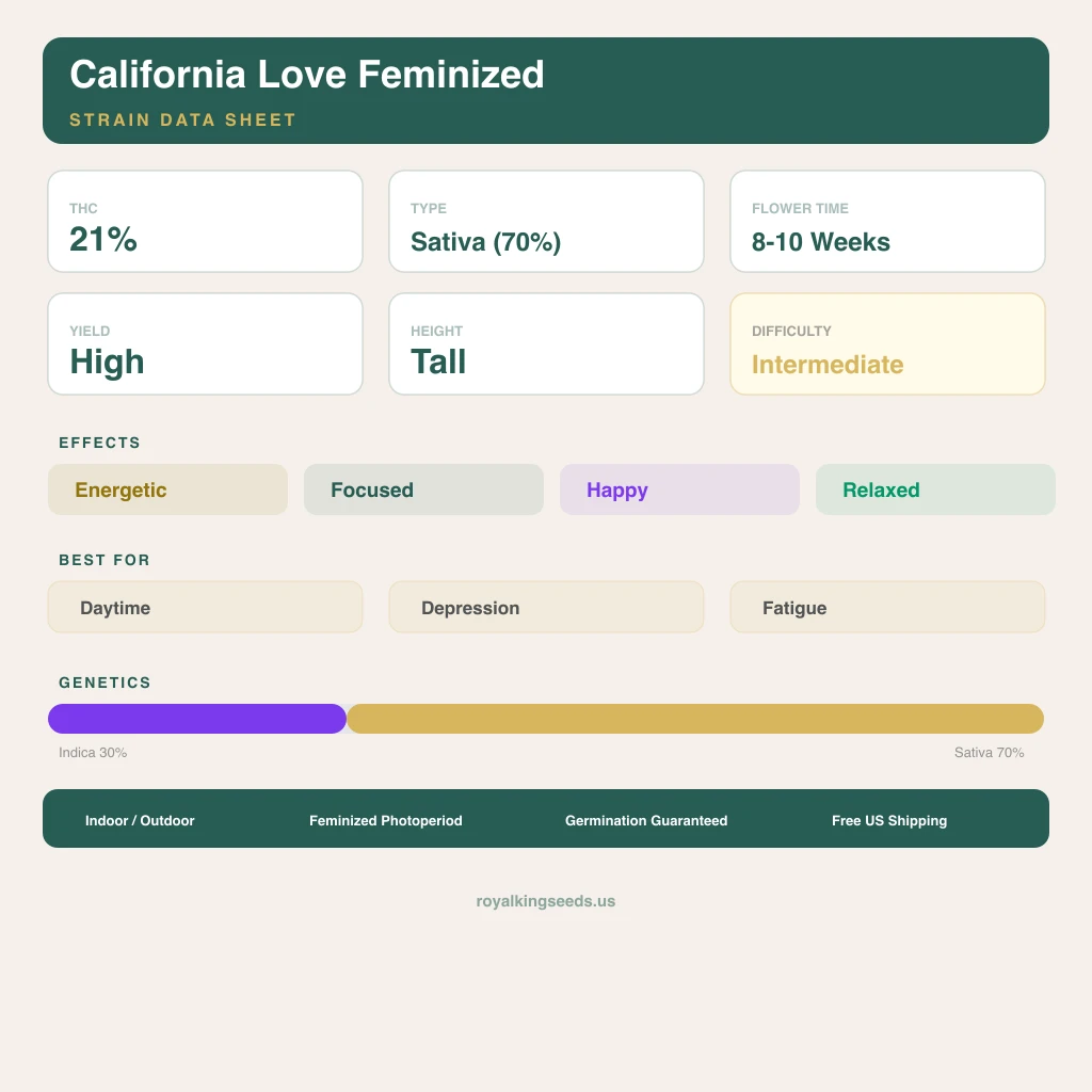 California Love 30% Indica / 70% Sativa — Blüte mit sichtbaren Trichomen