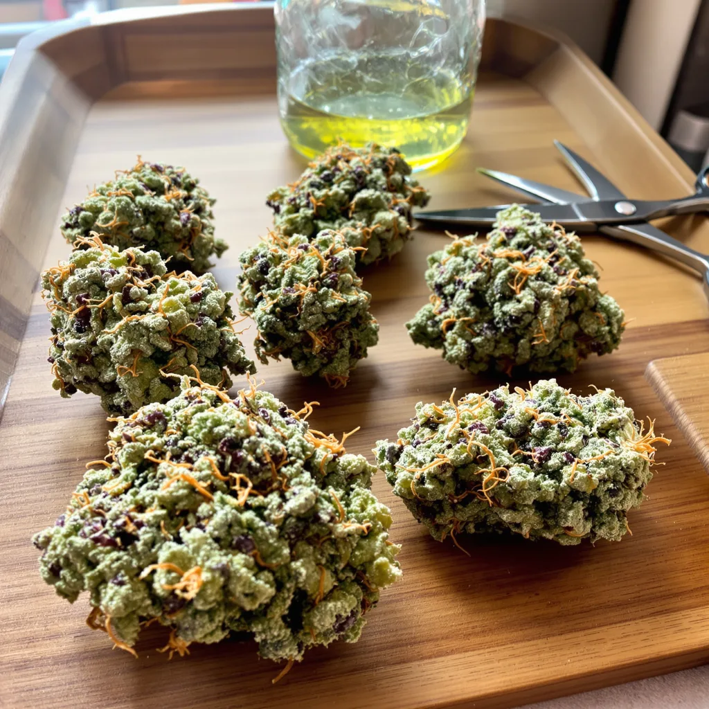 California Orange 50% Indica / 50% Sativa — Blüte mit sichtbaren Trichomen