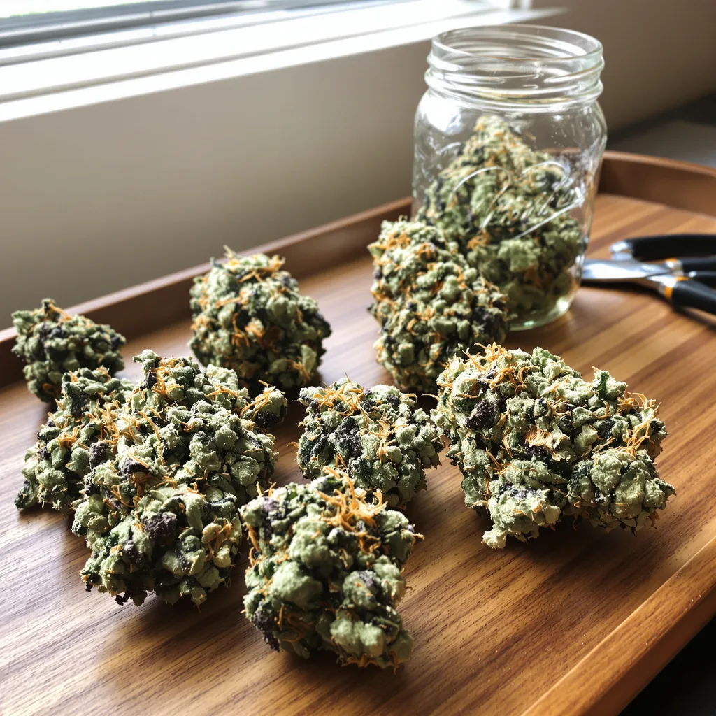Canna-Tsu Kush 50% Indica / 50% Sativa — Blüte mit sichtbaren Trichomen