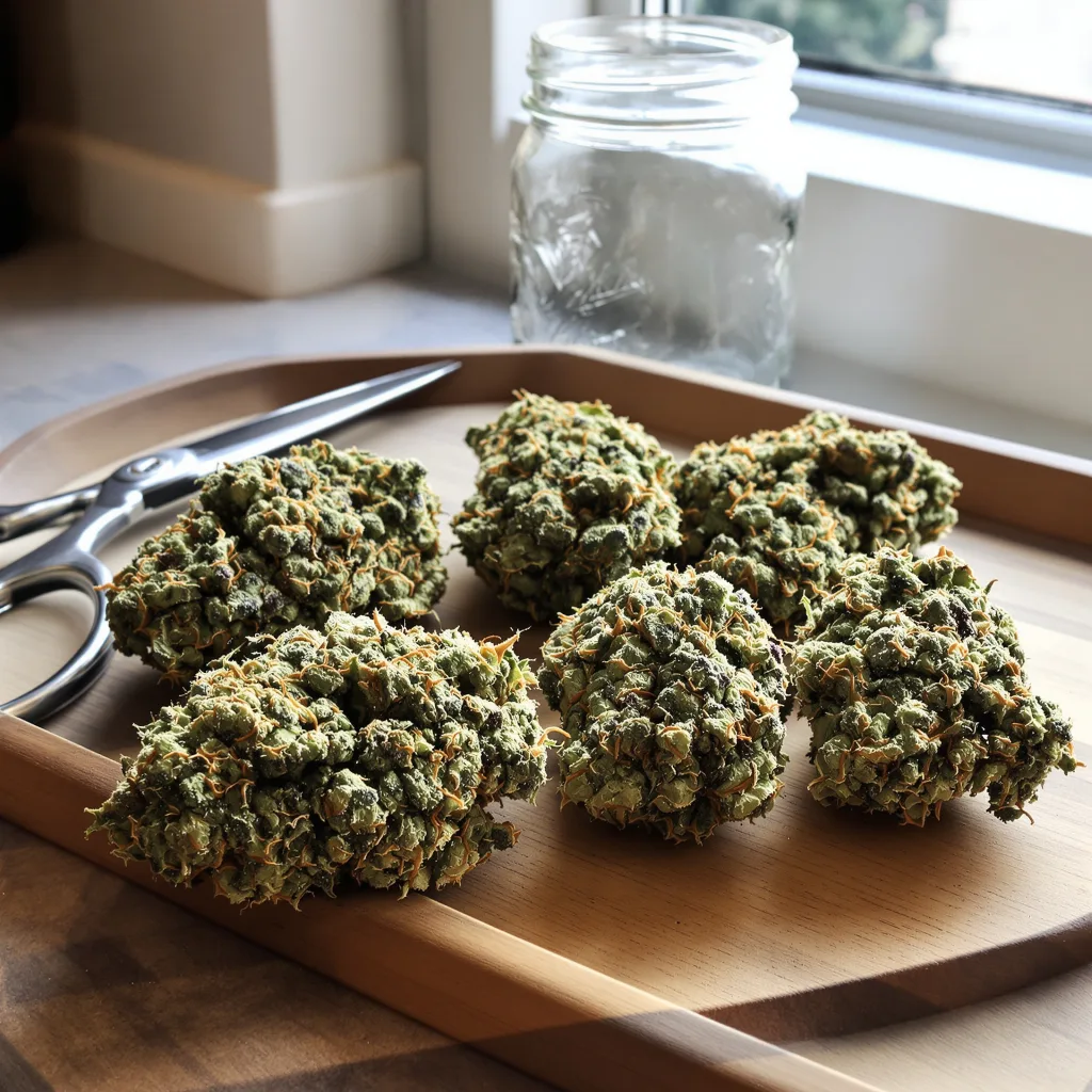 Cannalope Kush 25% Indica / 65% Sativa — Blüte mit sichtbaren Trichomen