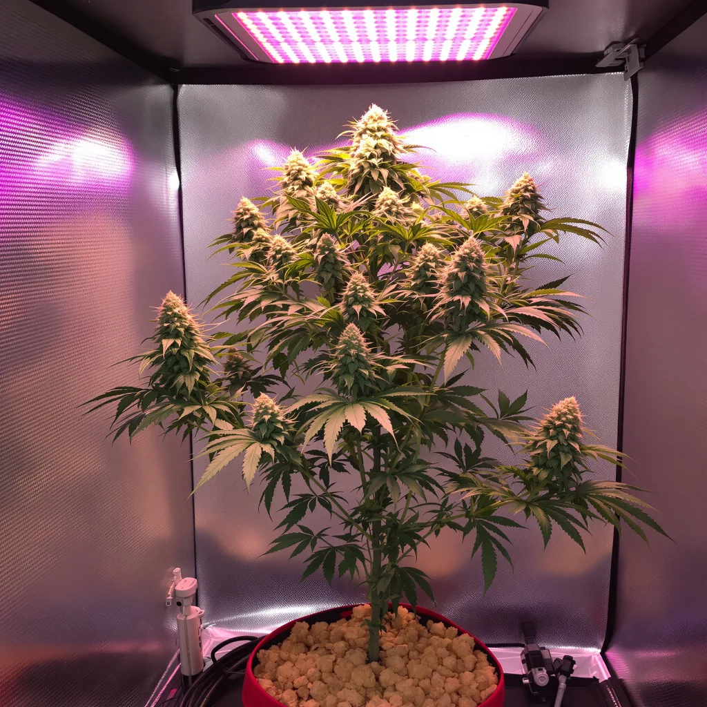 Cannalope Kush 25% Indica / 65% Sativa — Blüte mit sichtbaren Trichomen