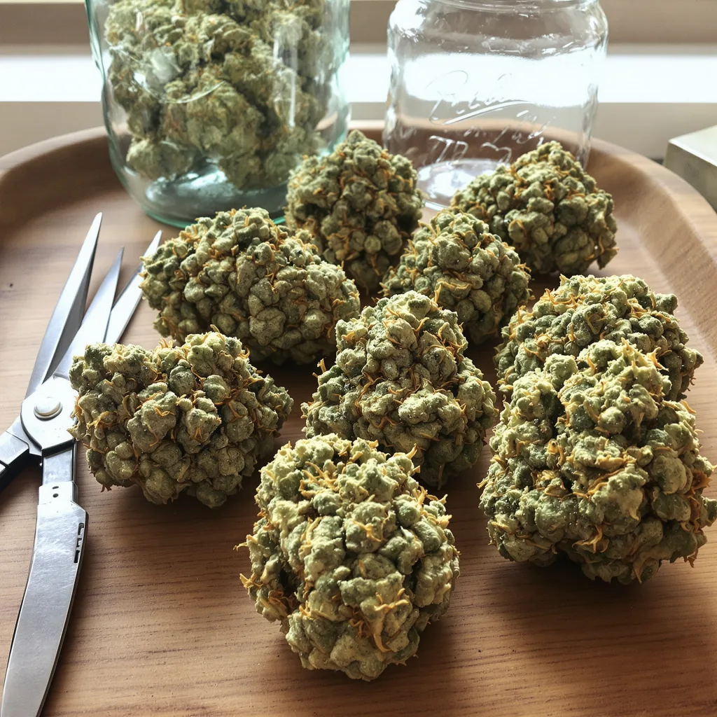 Cannatonic CBD 48% Indica / 52% Sativa — Blüte mit sichtbaren Trichomen