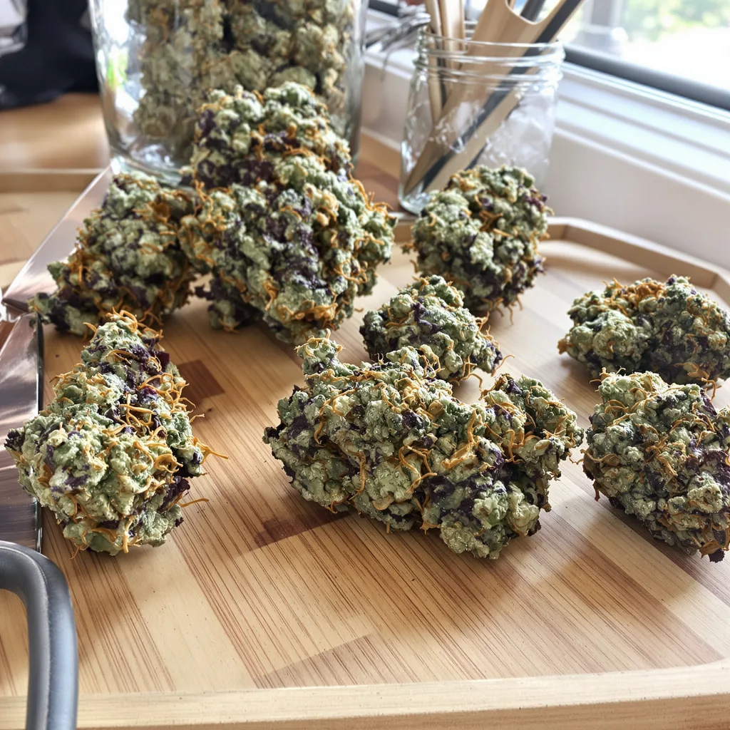 Cascadia Kush 74% Indica / 26% Sativa — Blüte mit sichtbaren Trichomen