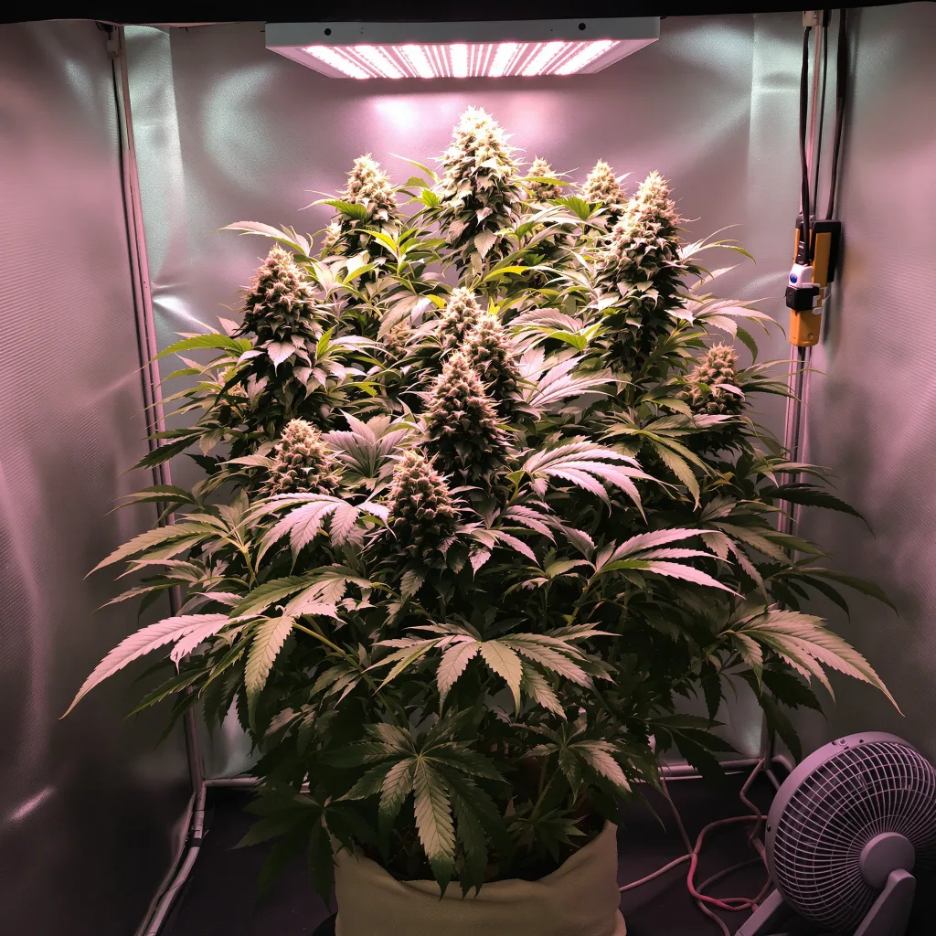 Cascadia Kush 74% Indica / 26% Sativa — Blüte mit sichtbaren Trichomen