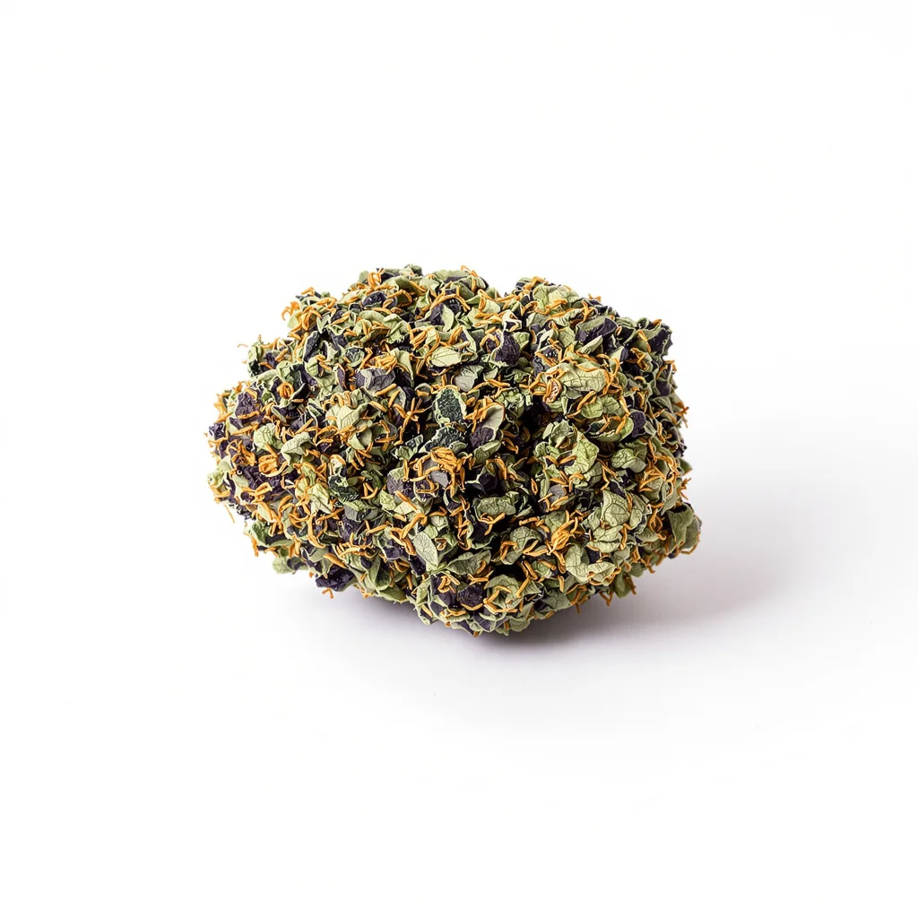 Cascadia Kush 74% Indica / 26% Sativa — Blüte mit sichtbaren Trichomen
