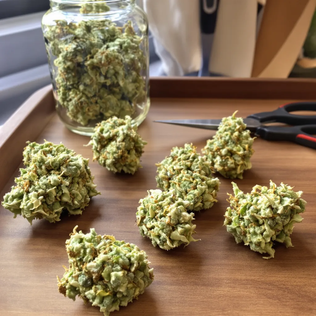 CBD ACDC 47% Indica / 53% Sativa — Blüte mit sichtbaren Trichomen